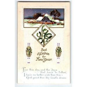 Best Wishes New Year Greetings Postcard International Arts Rustic Cottage Snow